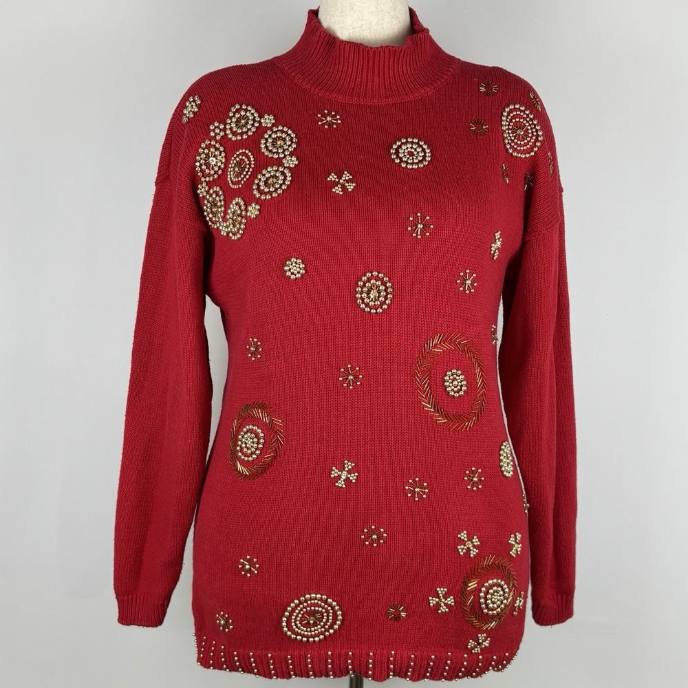Victoria Jones Ugly Christmas Sweater Women's L Red Knit 3D Gold Beaded Festive